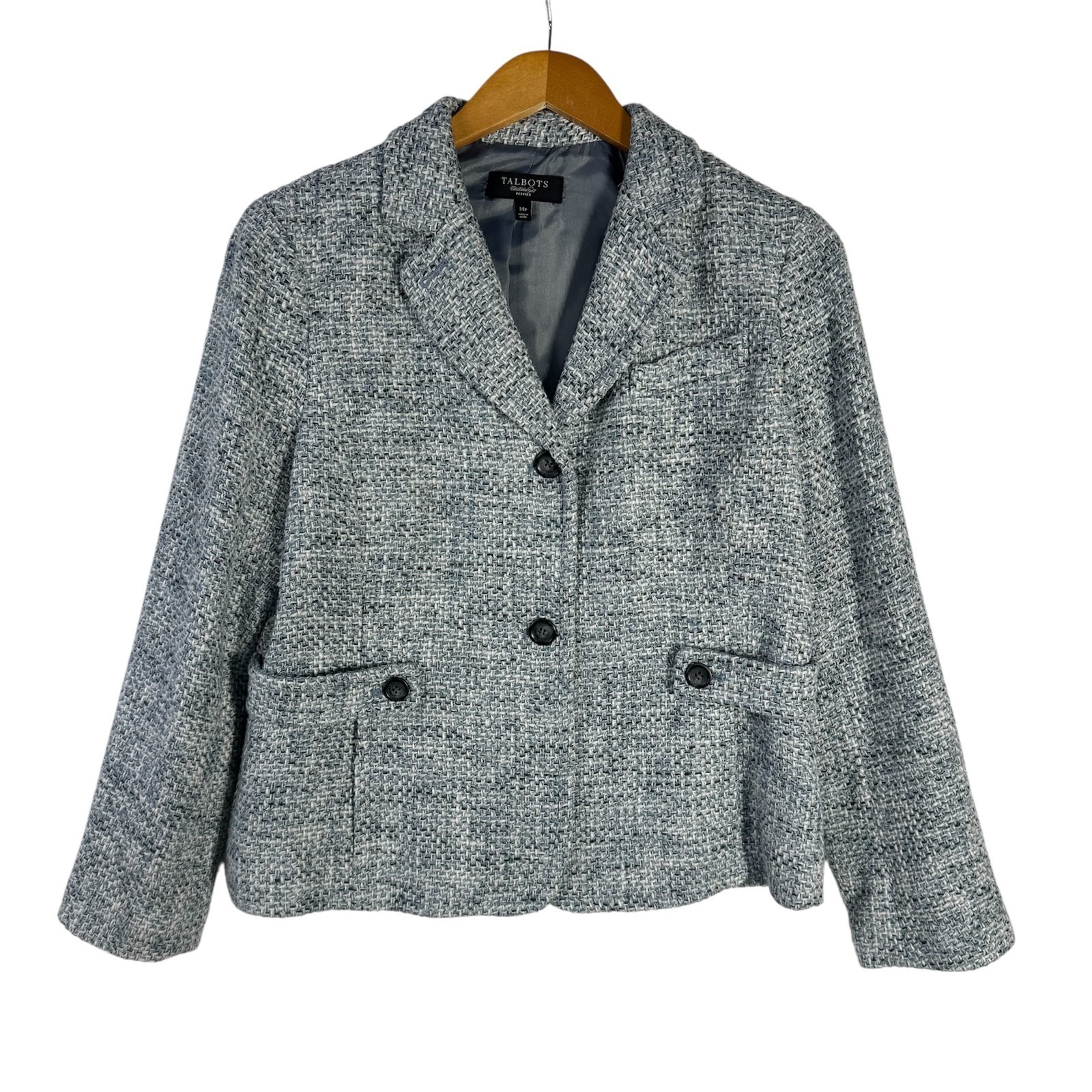 Talbots Tweed Blazer Women's 14p Petite Blue Lined Classic Casual Professional